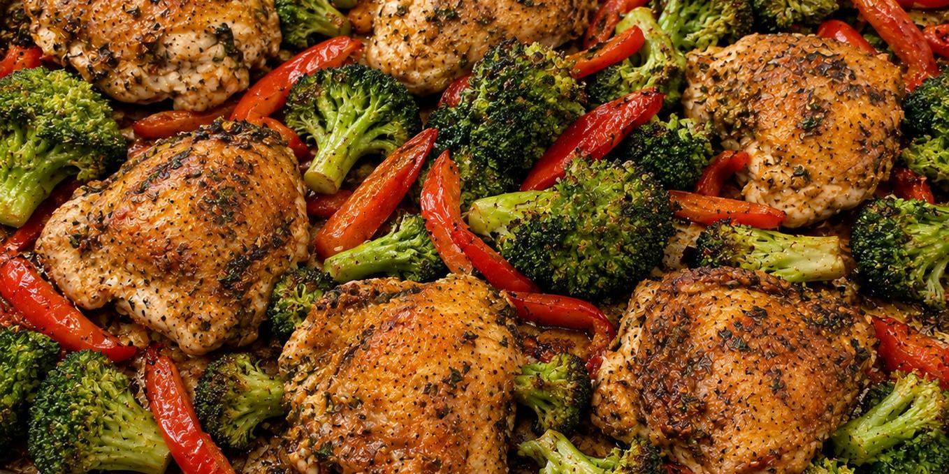 Sheet pan of roasted chicken thighs with broccoli and red pepper