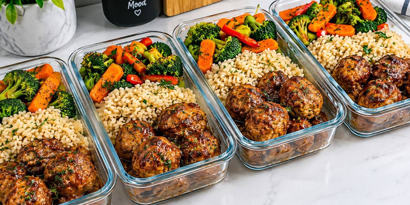 Glass meal prep containers filled with glazed turkey meatballs, grain and vegetables