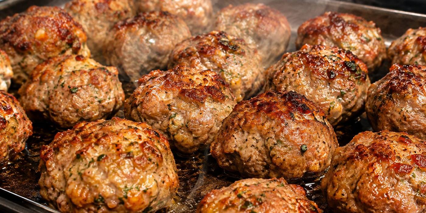 Tray of freshly baked herb-crusted turkey meatballs