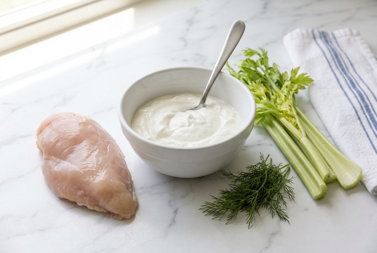 A raw chicken breast beside a bowl of thick Greek yogurt, celery stalks and fresh dill