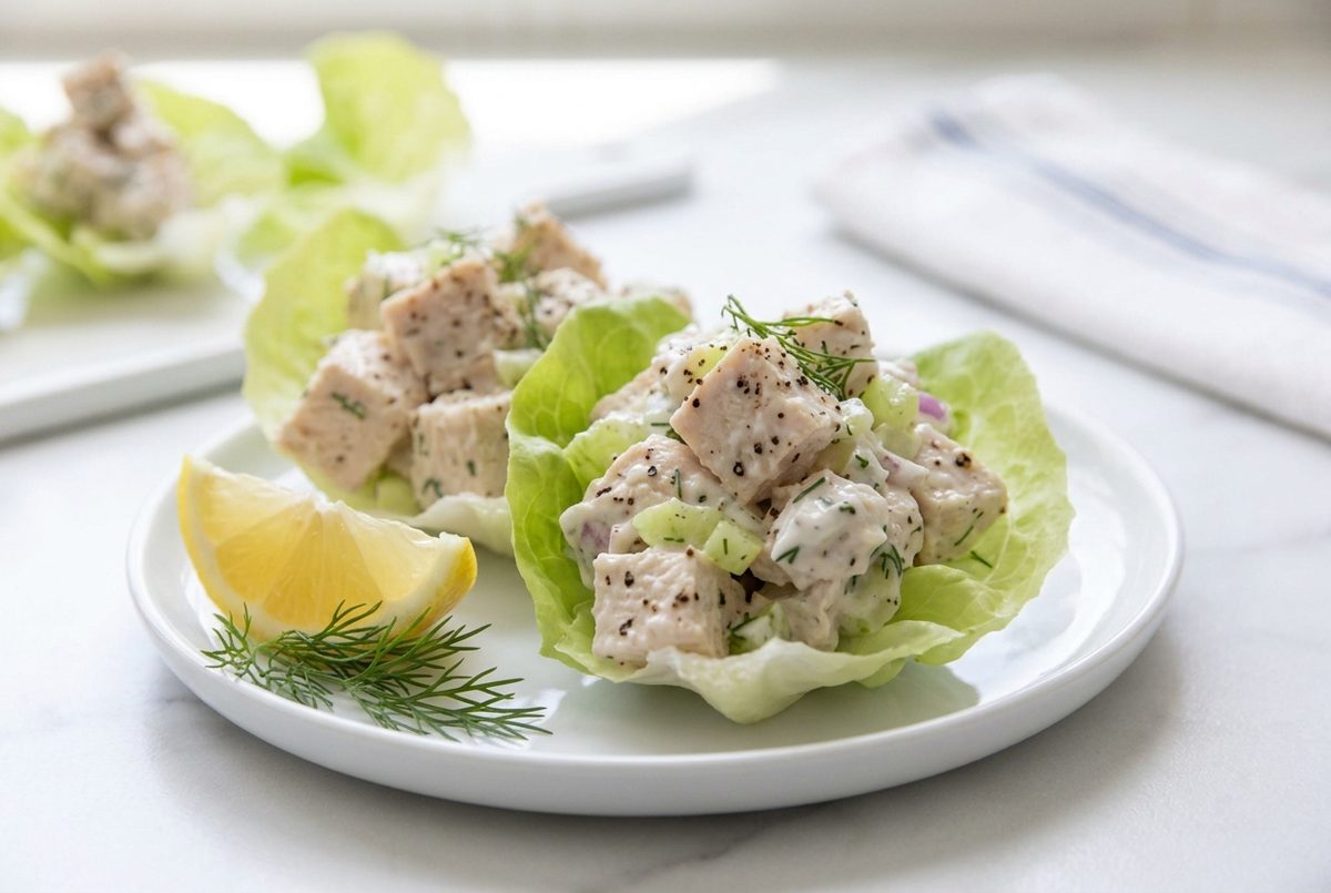 Close-up of two butter lettuce cups filled with chunky Greek yogurt chicken salad, with a lemon wedge and dill