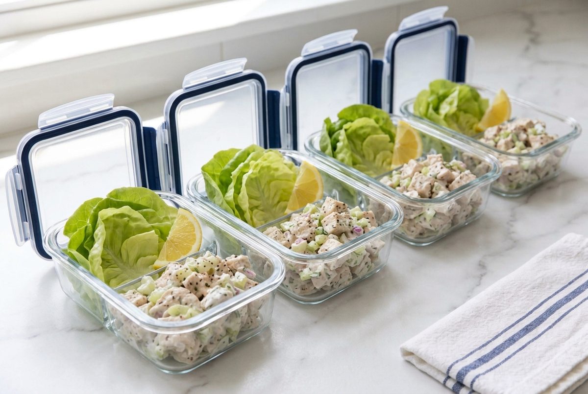 Four glass meal prep containers, each with chicken salad, butter lettuce leaves and a lemon wedge