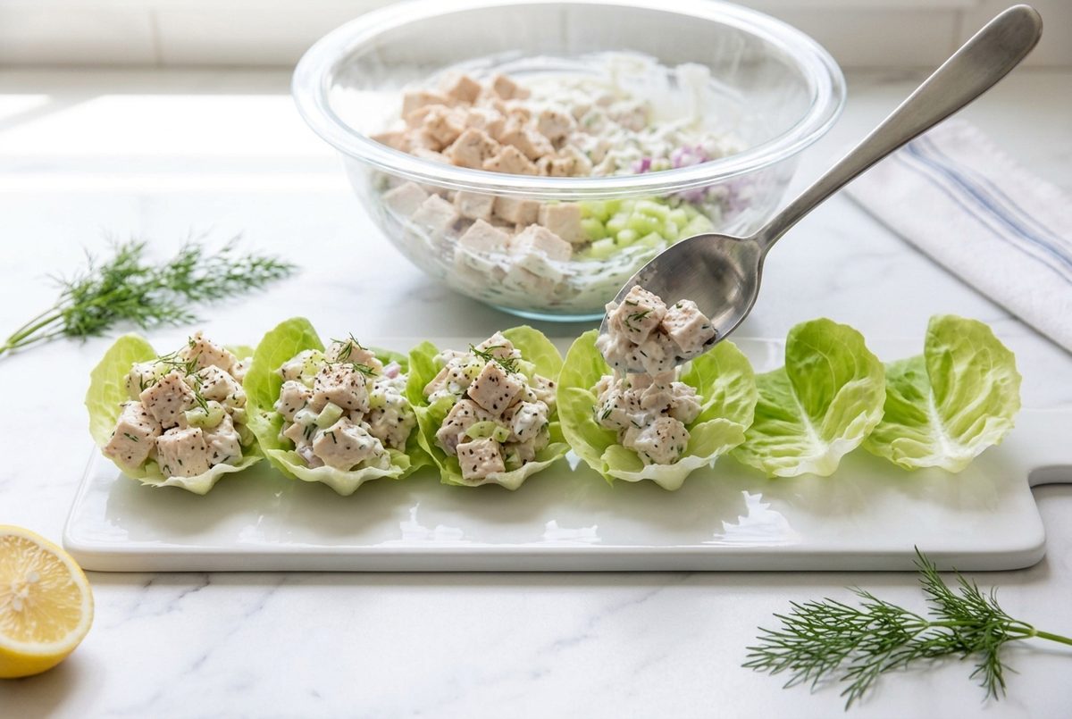 Spoon filling butter lettuce cups with chicken salad on a white serving board