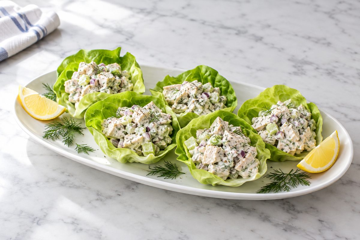 Butter lettuce cups filled with Greek yogurt chicken salad