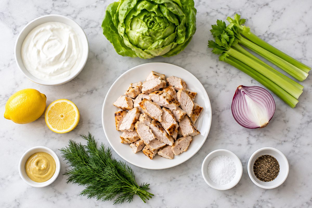 Cooked chicken, Greek yogurt, butter lettuce, celery, red onion, lemon, Dijon mustard, dill, salt and pepper on a marble counter