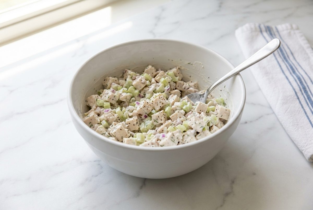 White bowl of finished creamy Greek yogurt chicken salad with a spoon