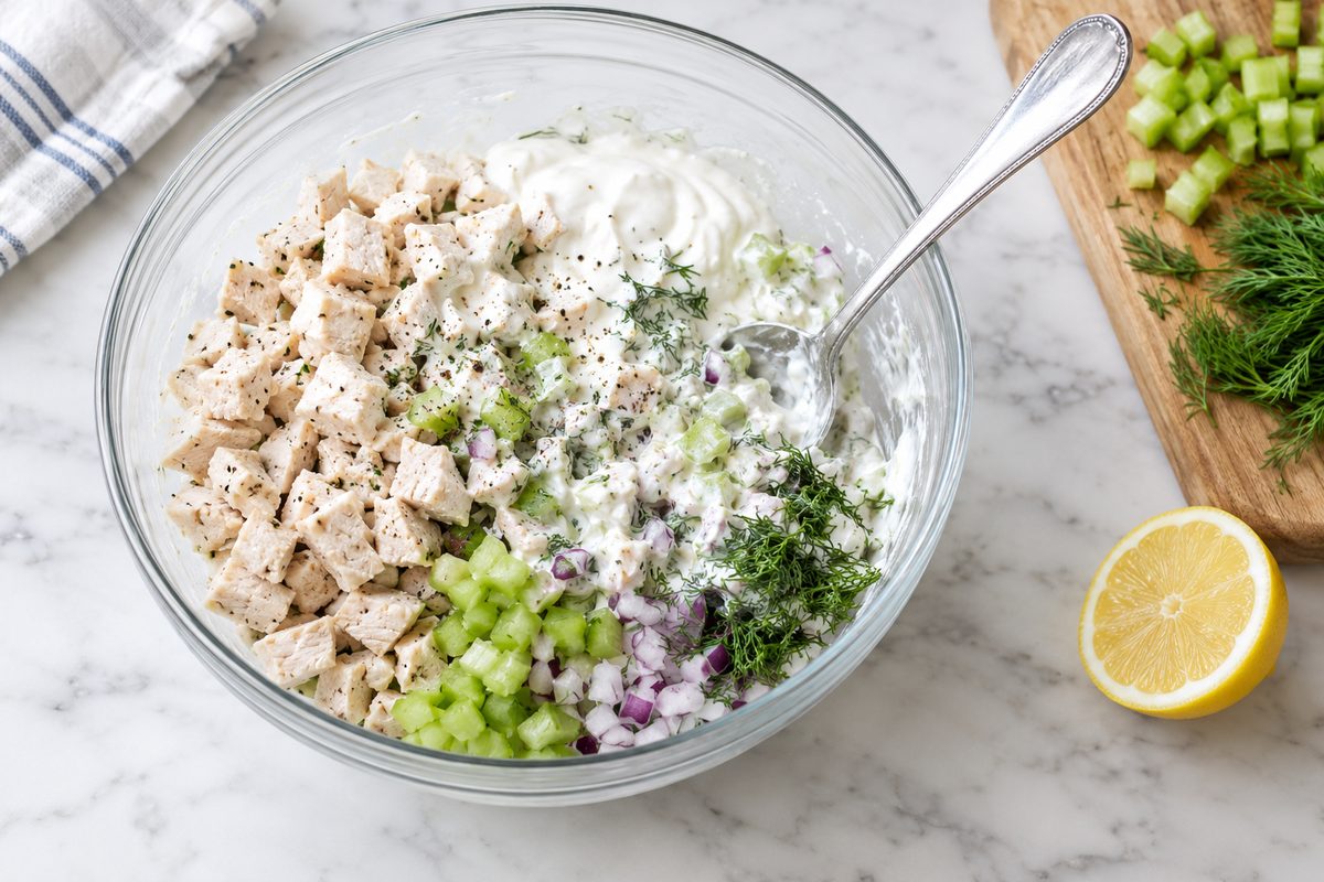 Glass bowl of diced chicken, Greek yogurt, celery, red onion and dill before mixing