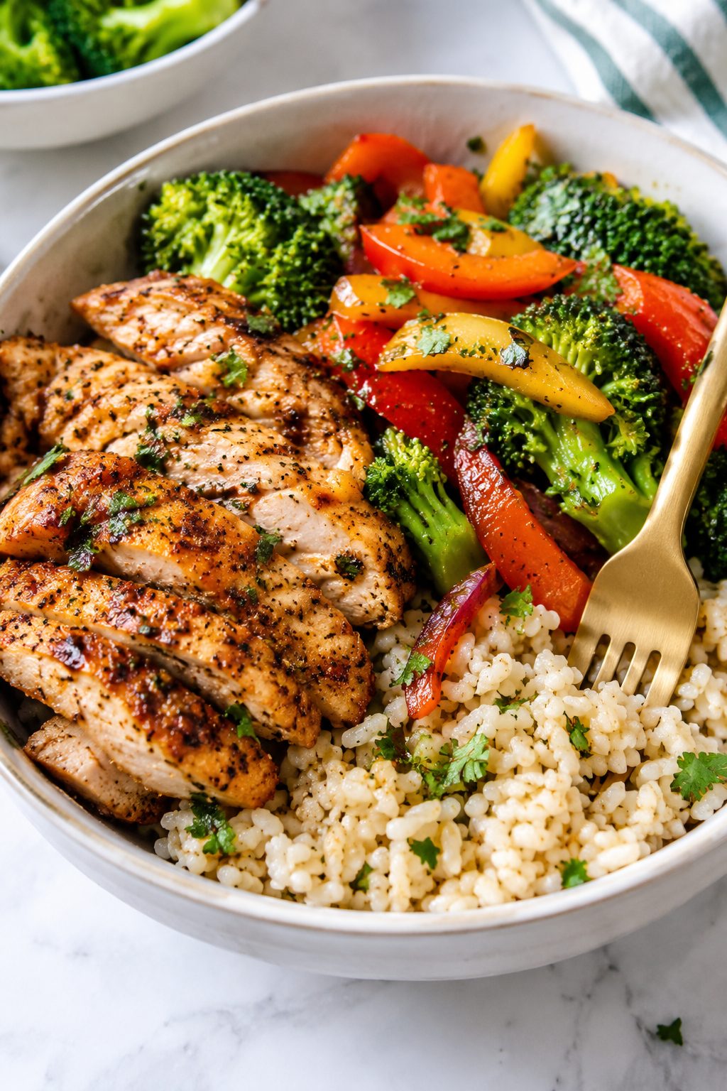 Close-up bowl of sliced spiced chicken with rice, broccoli and bell peppers and a fork