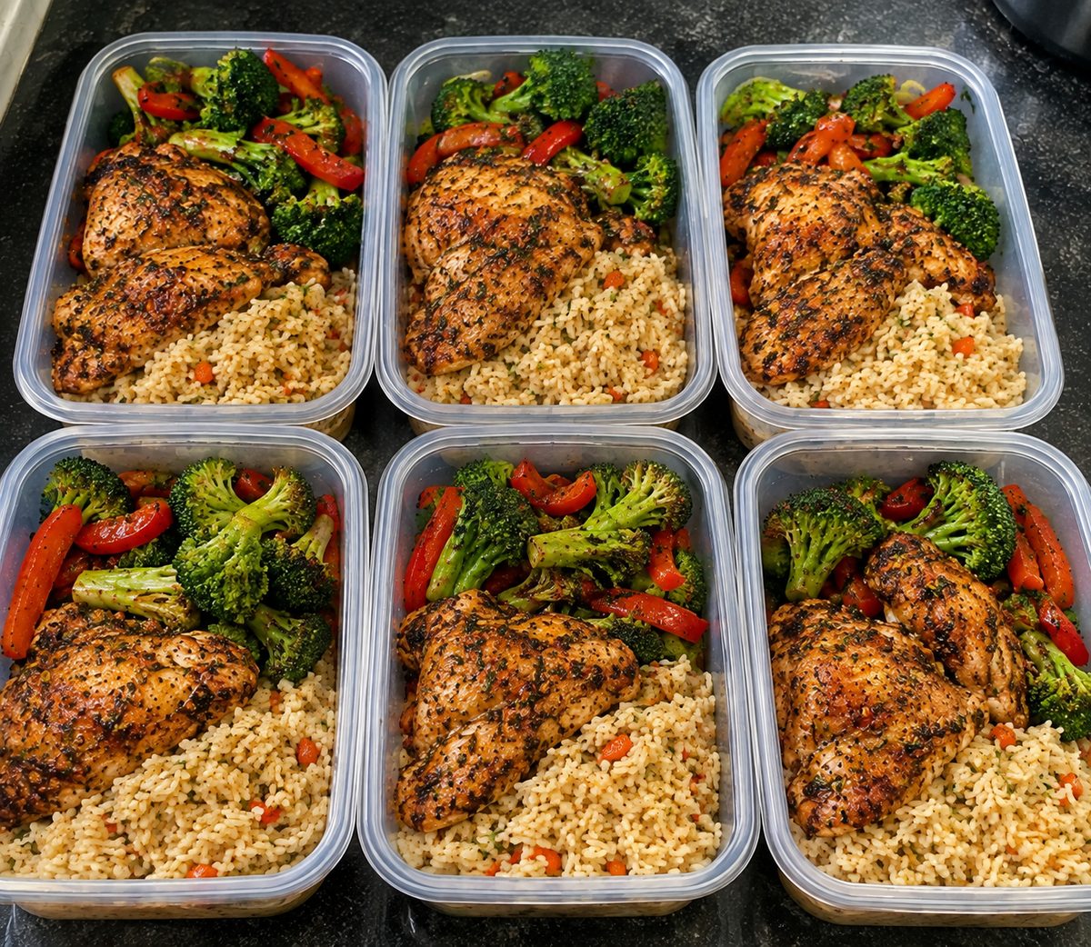 Six meal prep containers filled with roasted chicken, herbed rice, broccoli and red pepper