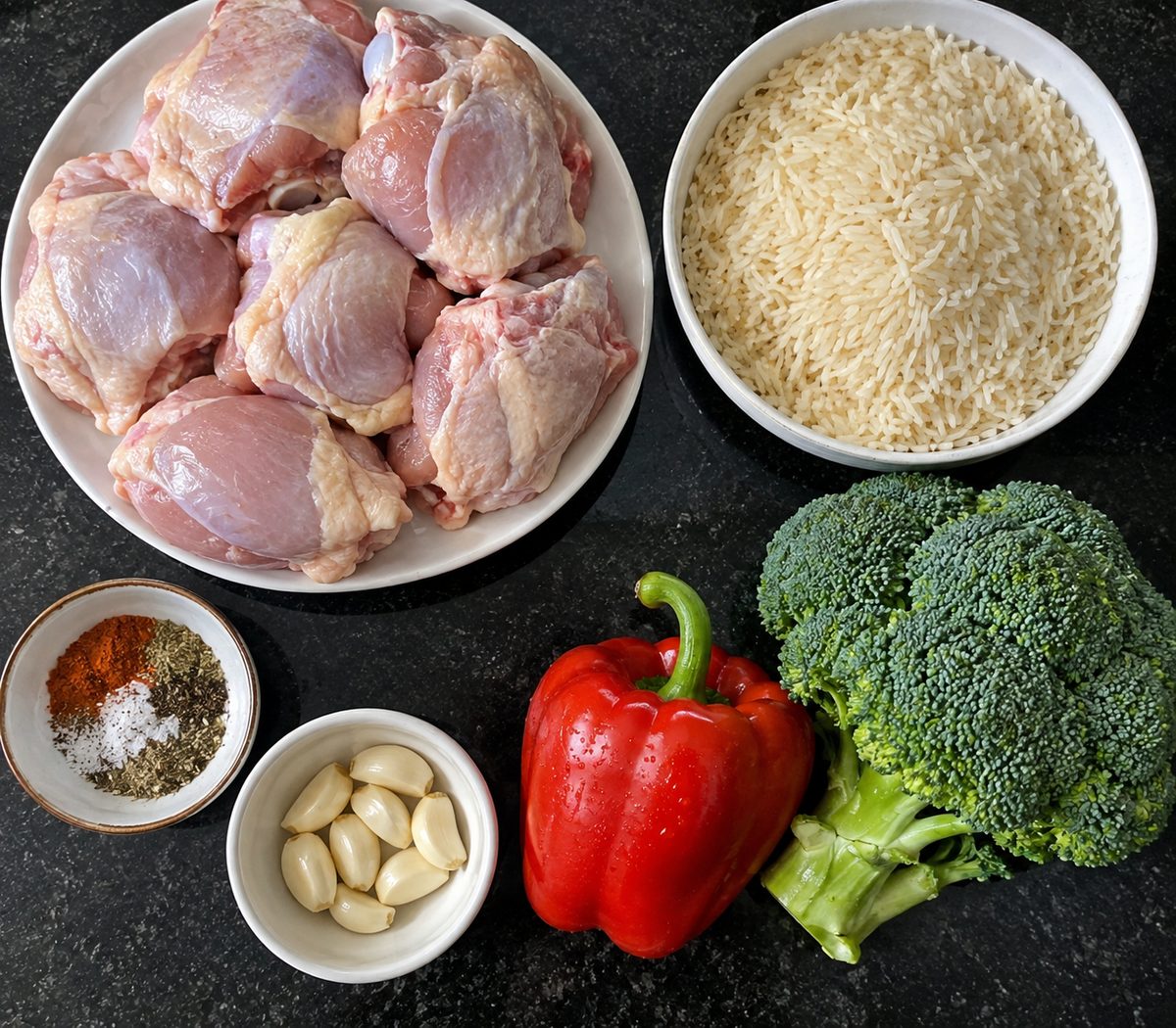 Raw chicken thighs, rice, garlic, spices, a red pepper and broccoli laid out on a counter
