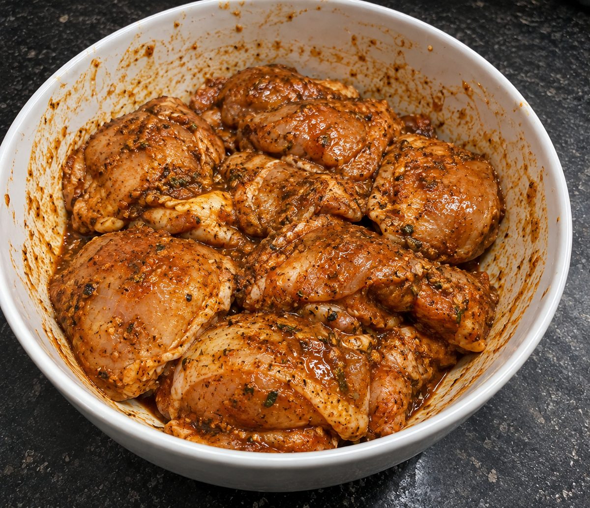 Chicken thighs coated in a paprika and herb rub in a white bowl