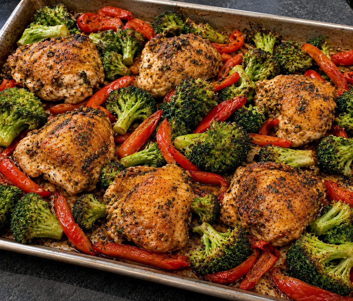 Sheet pan of roasted skin-on chicken thighs with broccoli and red pepper strips