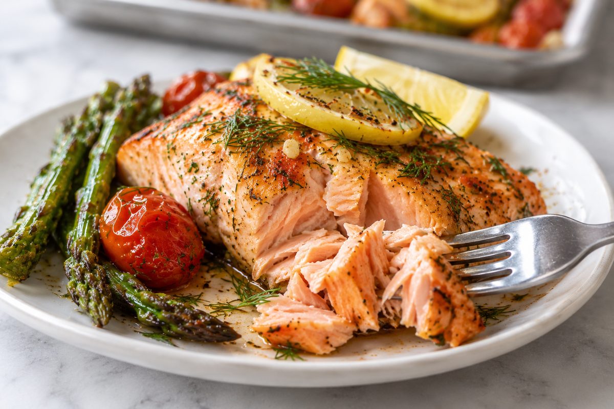 Roasted salmon fillet flaked with a fork, served with asparagus, a roasted tomato and a lemon wedge