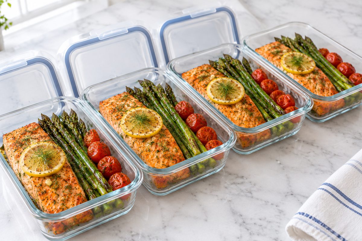 Four glass containers of roasted salmon with asparagus and tomatoes