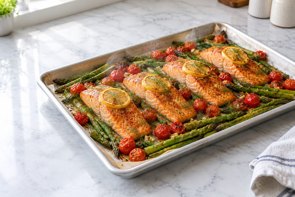 Sheet pan of lemon dill salmon with asparagus and cherry tomatoes