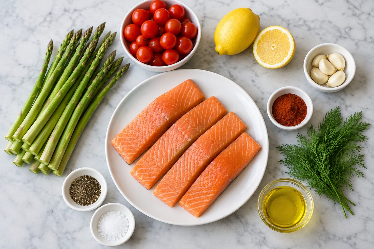 Raw salmon fillets, asparagus, cherry tomatoes, lemon, garlic, paprika, fresh dill, olive oil, salt and pepper on a marble counter
