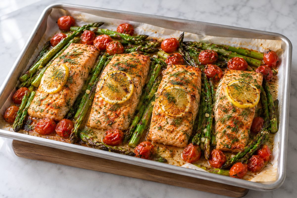Roasted salmon fillets with lemon slices, asparagus and blistered cherry tomatoes on a sheet pan