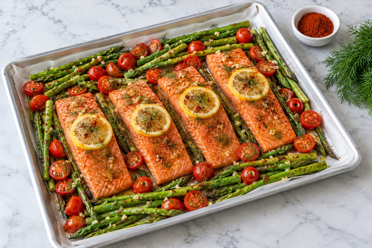 Raw salmon fillets topped with lemon slices, dill, garlic and paprika on a sheet pan with asparagus and halved cherry tomatoes