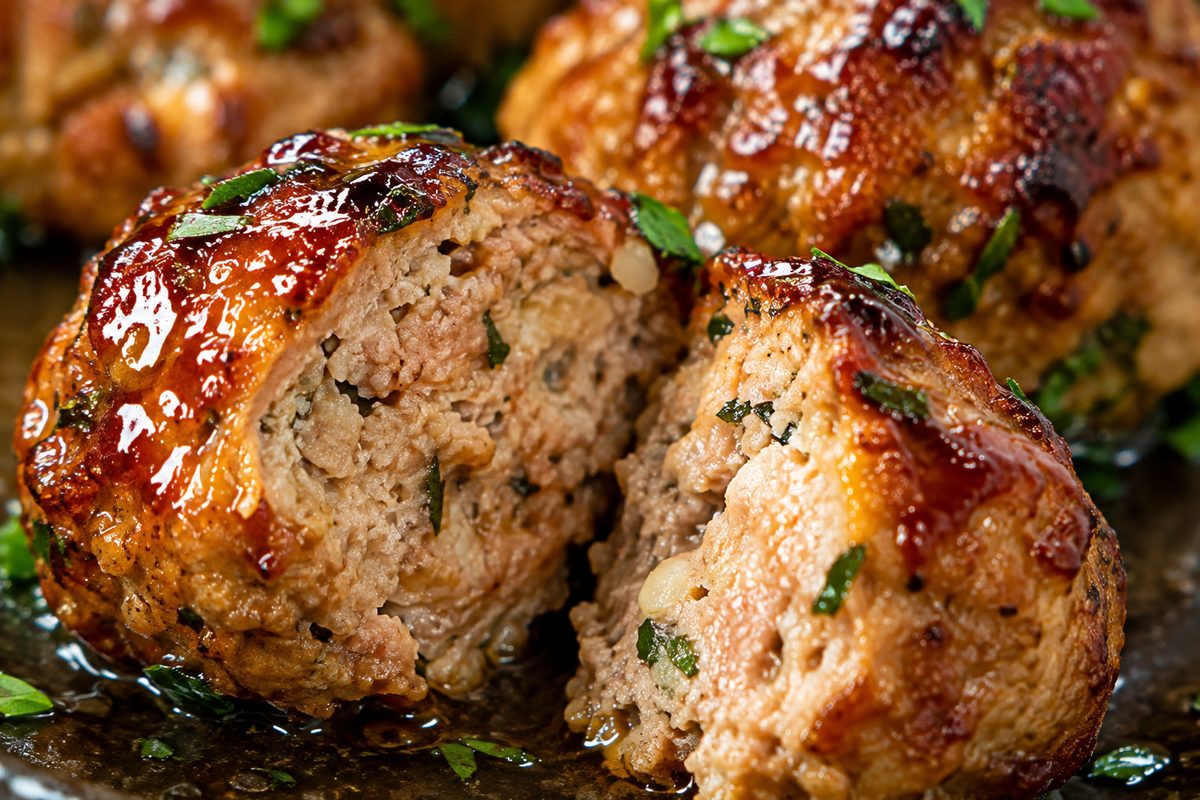Glazed turkey meatball cut in half showing a juicy herb-flecked center