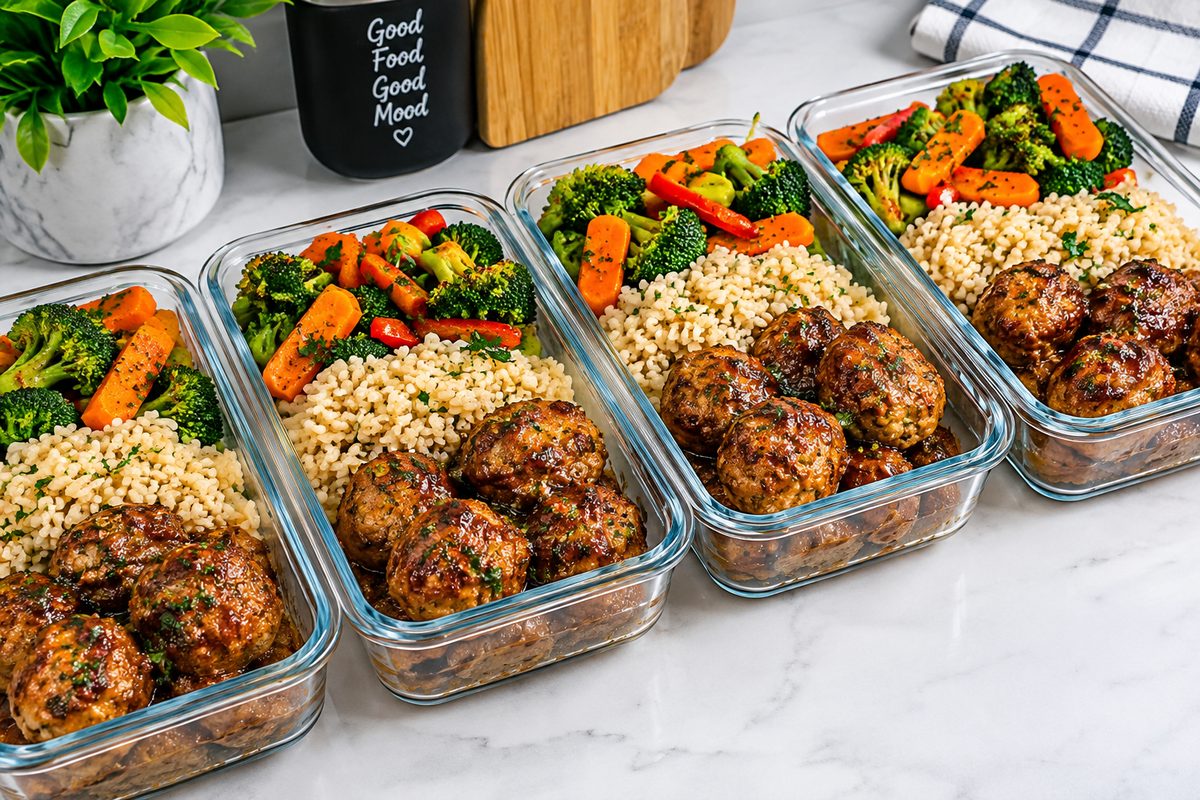 Four glass meal prep containers with glazed meatballs, couscous, roasted carrots and broccoli