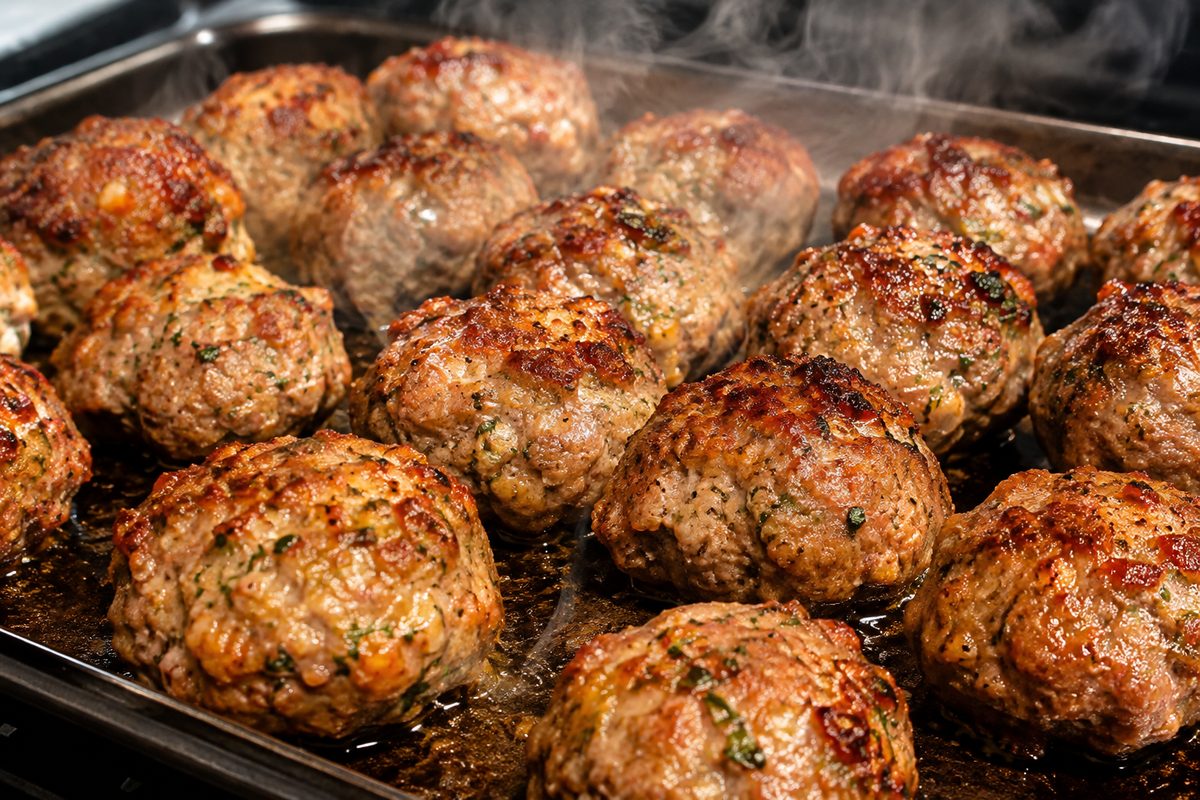 Tray of baked herb-crusted turkey meatballs, browned and steaming