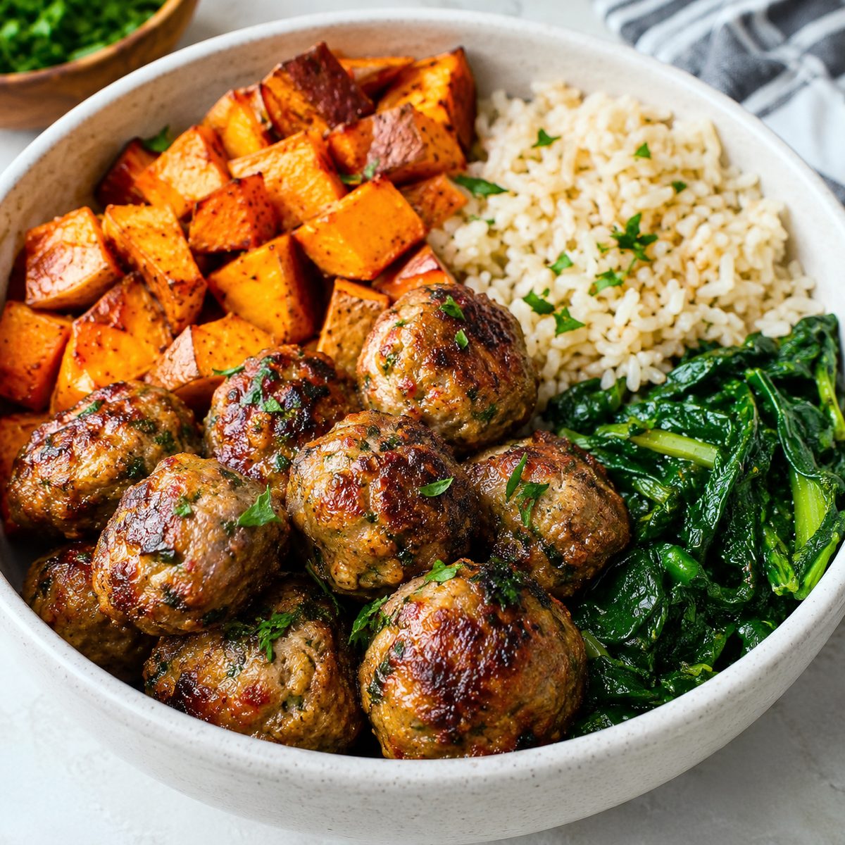 Bowl of herbed turkey meatballs with sweet potato, brown rice and greens