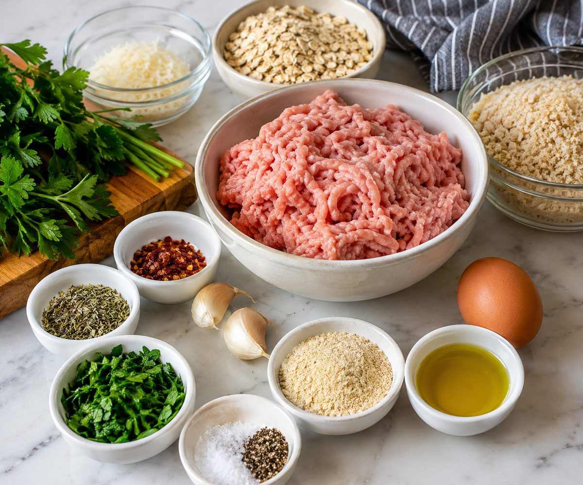 Ground turkey, oats, breadcrumbs, egg, garlic, parsley, herbs and spices arranged on a marble counter