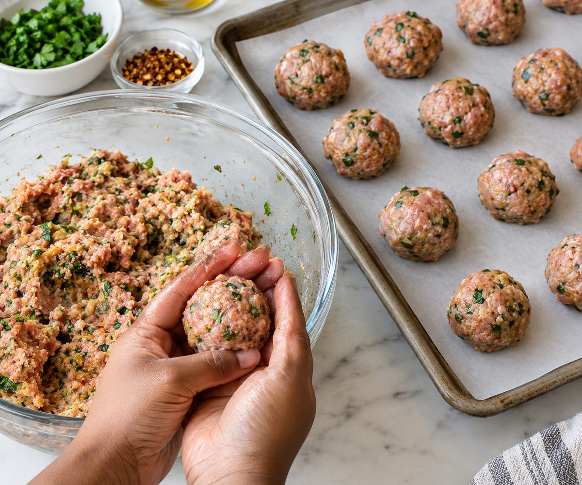 Hands shaping herb-flecked turkey meatball mixture next to a tray of shaped meatballs on parchment